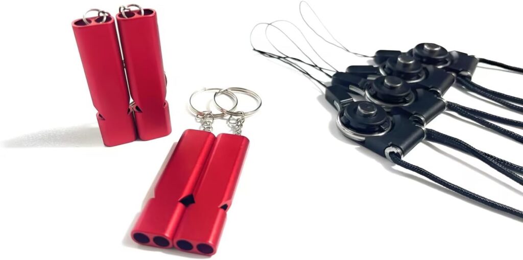 4-Pack Loud 120dB Double Tube Emergency Whistle - Aluminum Alloy, Corrosion-Resistant Safety Whistle with Lanyard Keychain-Ideal for Camping Hiking Boating Fishing Survival Tool