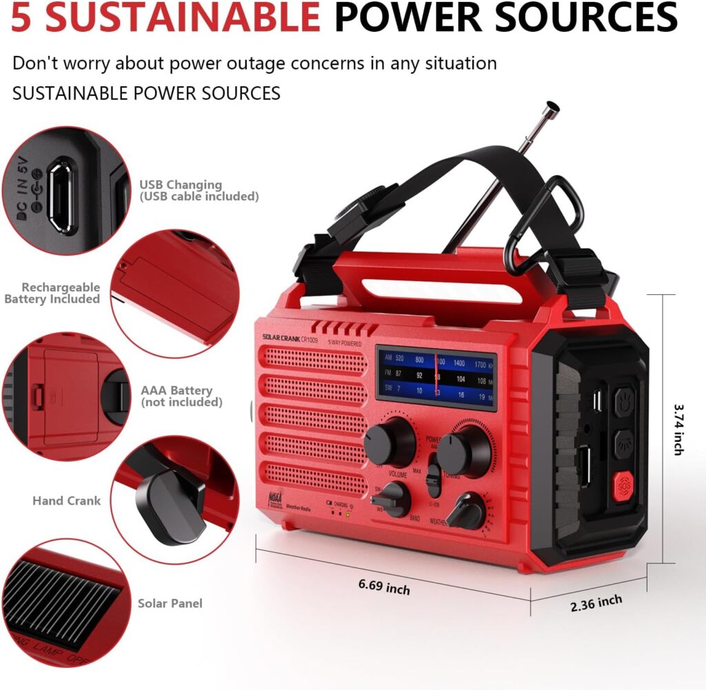 Emergency Radio 5000 Hand Crank Solar Weather Radio,5-Way Power AM/FM/SW/NOAA Survival Portable Radio with Camping Flashlight,Power Bank Phone Charger,Reading Lamp,SOS Alarm Survival Equipment,Compass