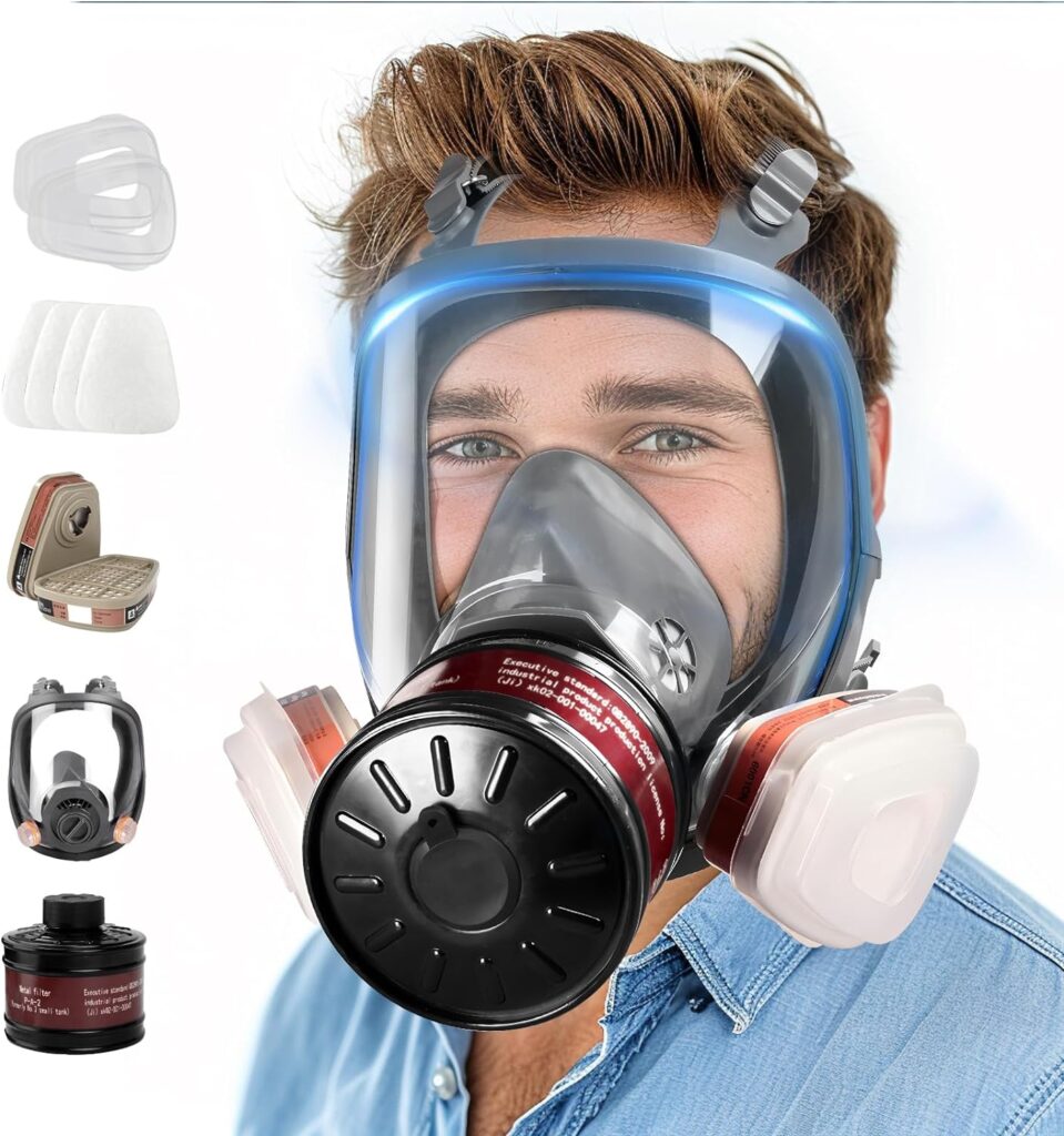 Full Face Gas Mask - Gas Masks Survival Nuclear and Chemical with 40mm Activated Carbon Filter  6001 Cartridges Reusable Respirator for Organic Vapor Gases Dust Painting Polishing Welding