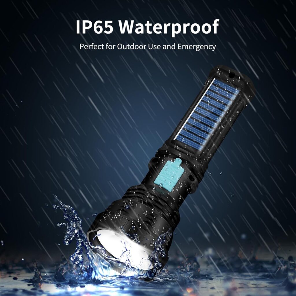 Led Solar Flashlight, 1500 Lumens Led Solar Handheld Rechargeable Flashlights with IP65 Waterproof, 2000mAh Battery for Survival Emergencies Camping (1 Pack)