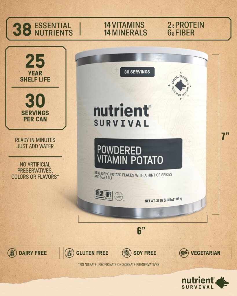 Nutrient Survival Potato Flakes, Powdered Vitamin Potato (30 Servings) for Mashed Potatoes, Soups, Emergency Food Supply Camping Supplies, 38 Nutrients, Shelf Stable Up to 25 Years, One Can