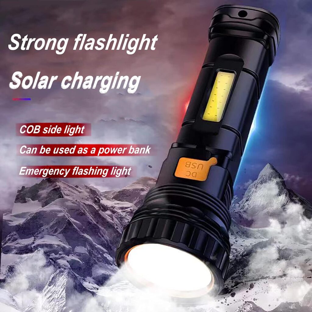 Solar/Rechargeable Multi Function 1000 Lumens LED Flashlight, with Emergency Strobe Light and 1200 Mah Battery, Emergency Power Supply and USB Charging Cable, Fast Charging (1PC)