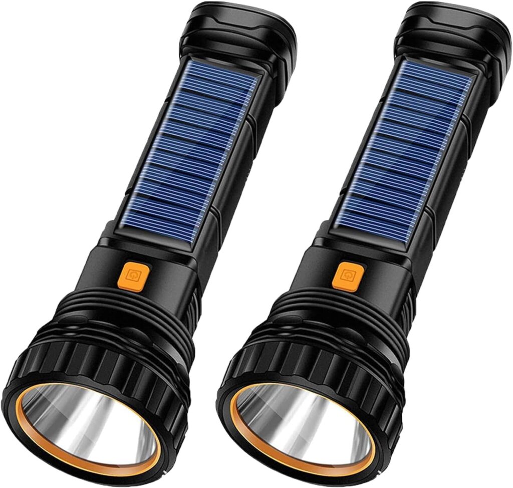 Solar/Rechargeable Multi Function 1000 Lumens LED Flashlight, with Emergency Strobe Light and 1200 Mah Battery, Emergency Power Supply and USB Charging Cable, Fast Charging (1PC)