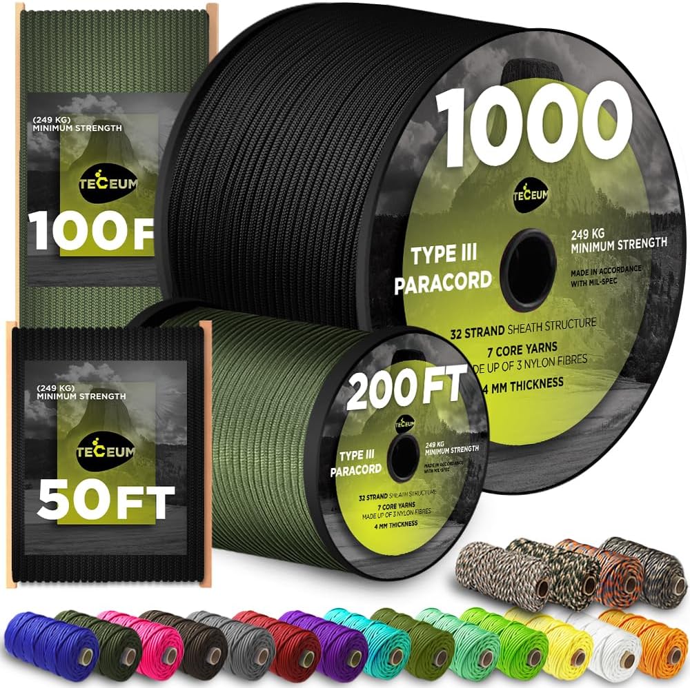 TECEUM Paracord Rope 1000 – 1000ft / 200ft / 120ft / 100ft / 50ft – Tactical Parachute Cord – 45+ Colors – Ideal Nylon String for Survival  Camping Gear – Stripe Cord for Survival – Utility Rope