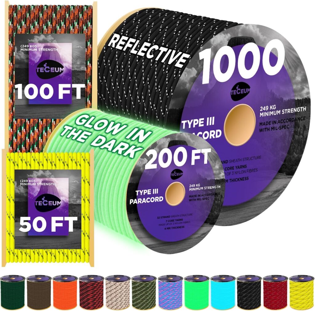 TECEUM Reflective Paracord Rope 1000 – 1000ft / 200ft / 120ft / 100ft / 50ft – 40+ Colors – Parachute Cord for Survival Camping Gear – Nylon String, para Cord, Utility Nylon Rope, Tent Cord