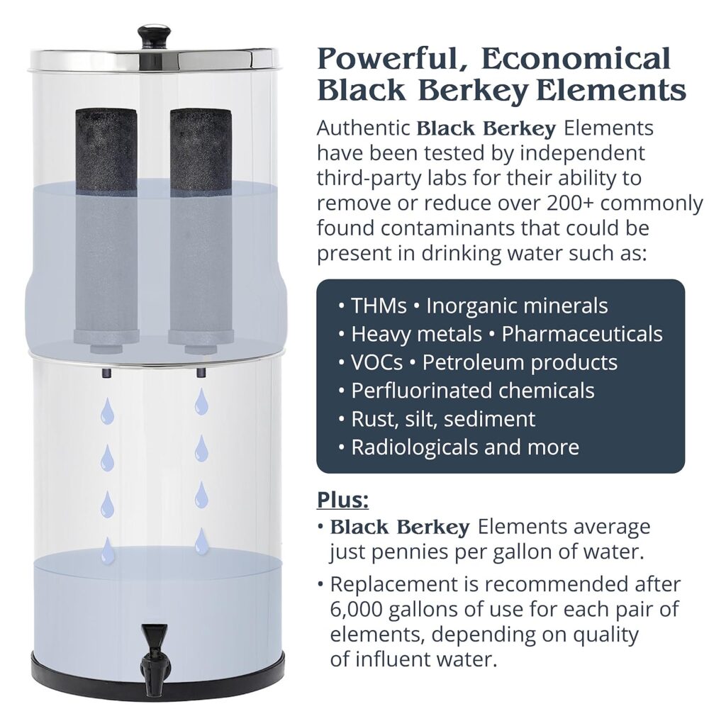 Big Berkey Gravity-Fed Water Filter System 2.25 Gallon with 2 Black Berkey Elements, 2 Berkey PF-2 Fluoride and Arsenic Reduction Elements