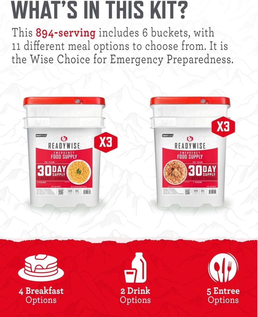 READYWISE - 3 Month, Emergency Food Supply, 894 Servings, 6 Buckets, Freeze-Dried, MRE, Camping, Hiking, Survival, Adventure Meal, 25-Year Shelf Life