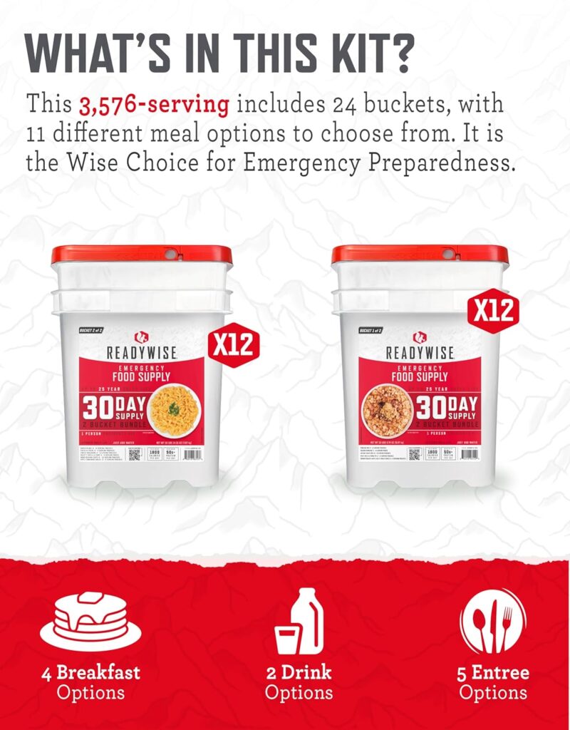 READYWISE - 30 Day, Emergency Food Supply, 298 Servings, 2 Buckets, Freeze-Dried, MRE, Camping, Hiking, Survival, Adventure Meal, 25-Year Shelf Life