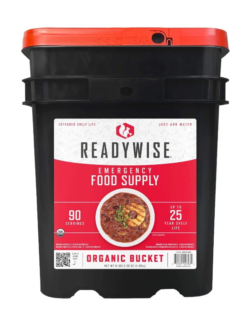 READYWISE - Organic Bucket, 90 Servings, Emergency, MRE Meal, Food Supply, Premade, Freeze Dried Survival Food for Hiking, Adventure and Camping Essentials, Individually Packaged, 25 Year Shelf Life